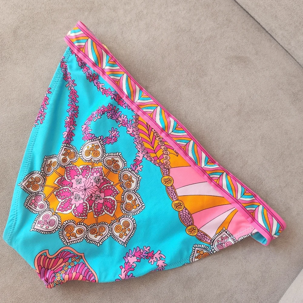 Trina Turk bikini bottom 10 Meilani turquoise pink floral cheeky boho new $88
